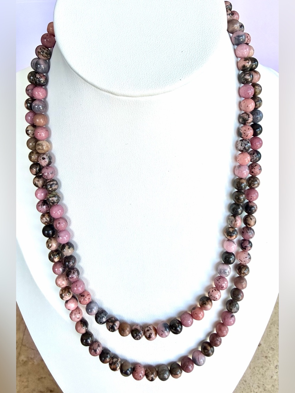 Beautiful Semi-Precious Rhodonite Stone Beaded Necklace _ 36 inches
